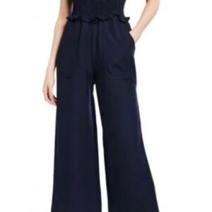 Rebecca Taylor Navy Blue Linen Smocked Tie Front Jumpsuit -